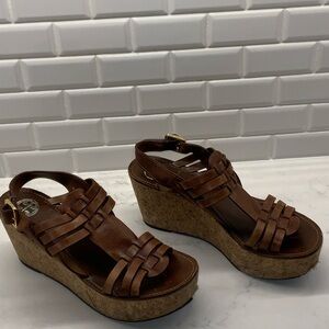 Tory Burch Tan Leather Wedge Sandals
